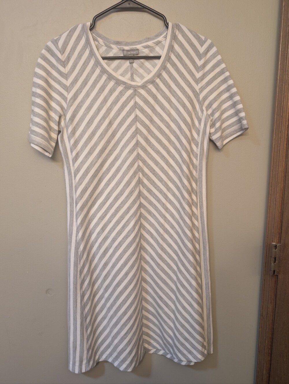 Talbots White and Light Gray Striped Short Sleeve Midi Dress